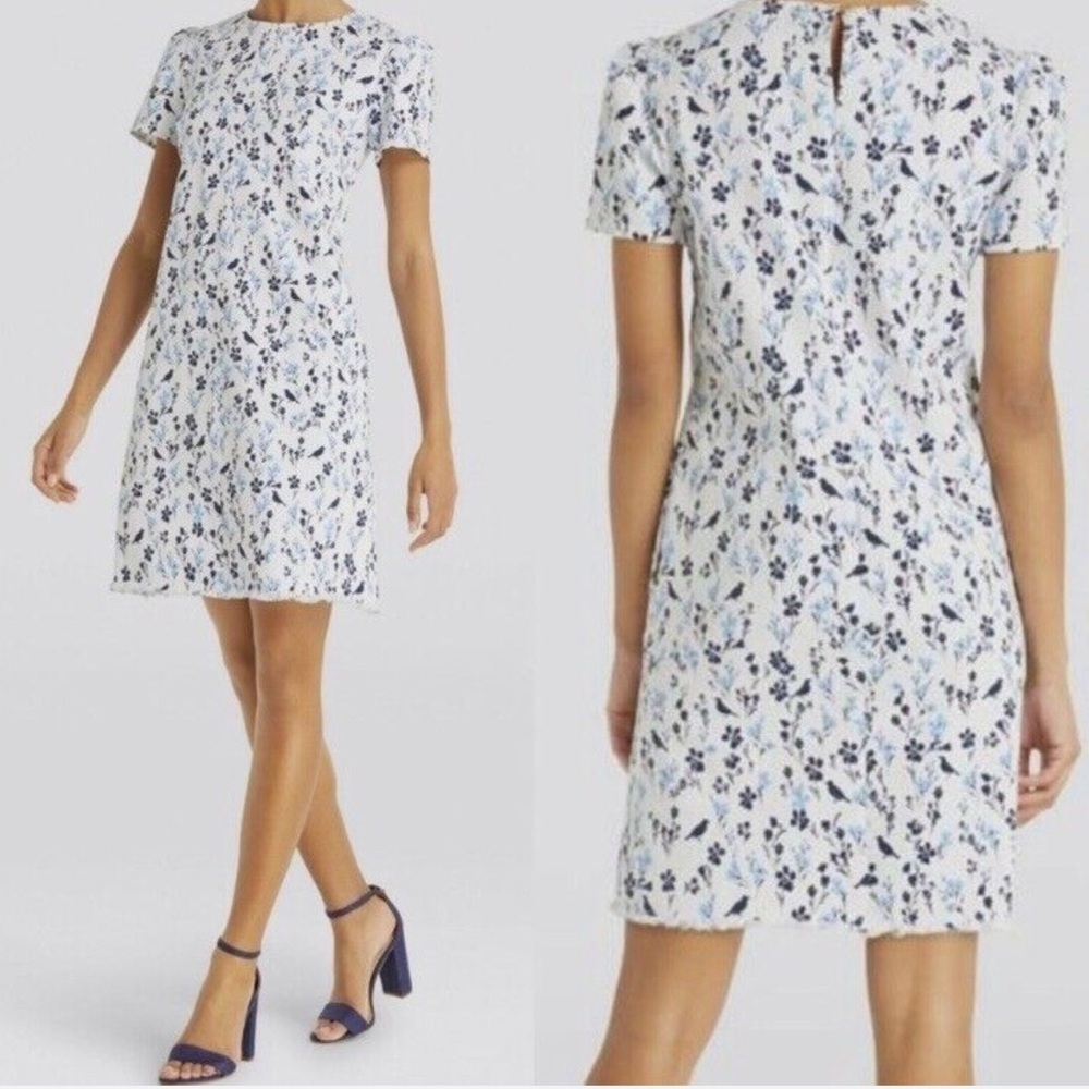 Draper James Bird Floral Printed White Denim Shift Dress Fray Hem